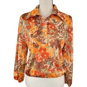 Vintage 70s Nikki Floral Daisy Print Wide Collar Polyester Elastic Waist Shirt